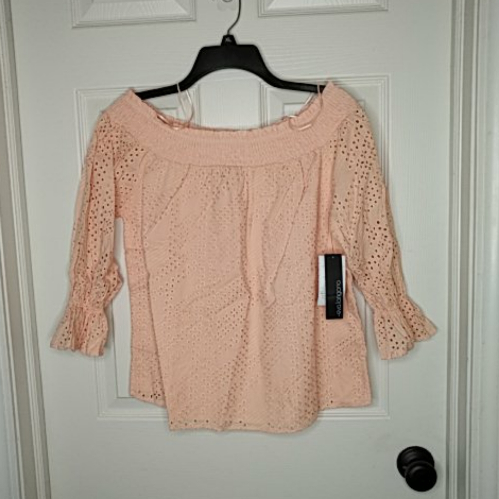 NEW Eva Longoria Off Shoulder Eyelet Lace Top L